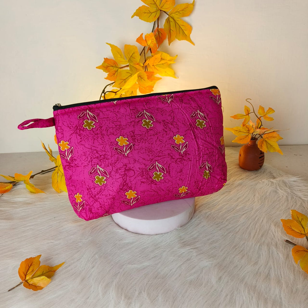 Jumbo Makeup pouch Pink with Yellow Small Flower Design.