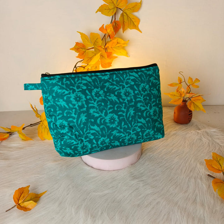 Jumbo Makeup pouch Teal Blue Colour with Botanical Design.