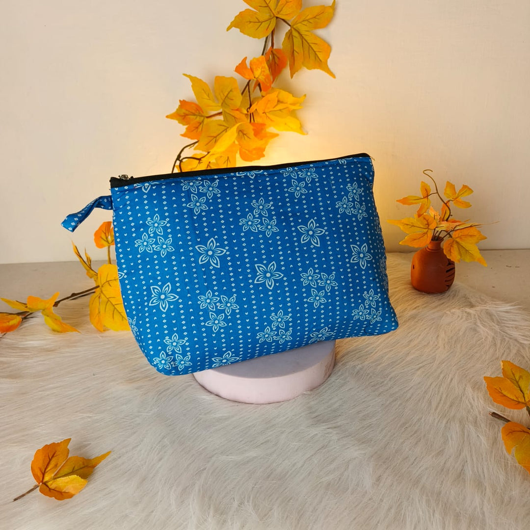 Jumbo Makeup pouch Blue Colour with Botanical Design.