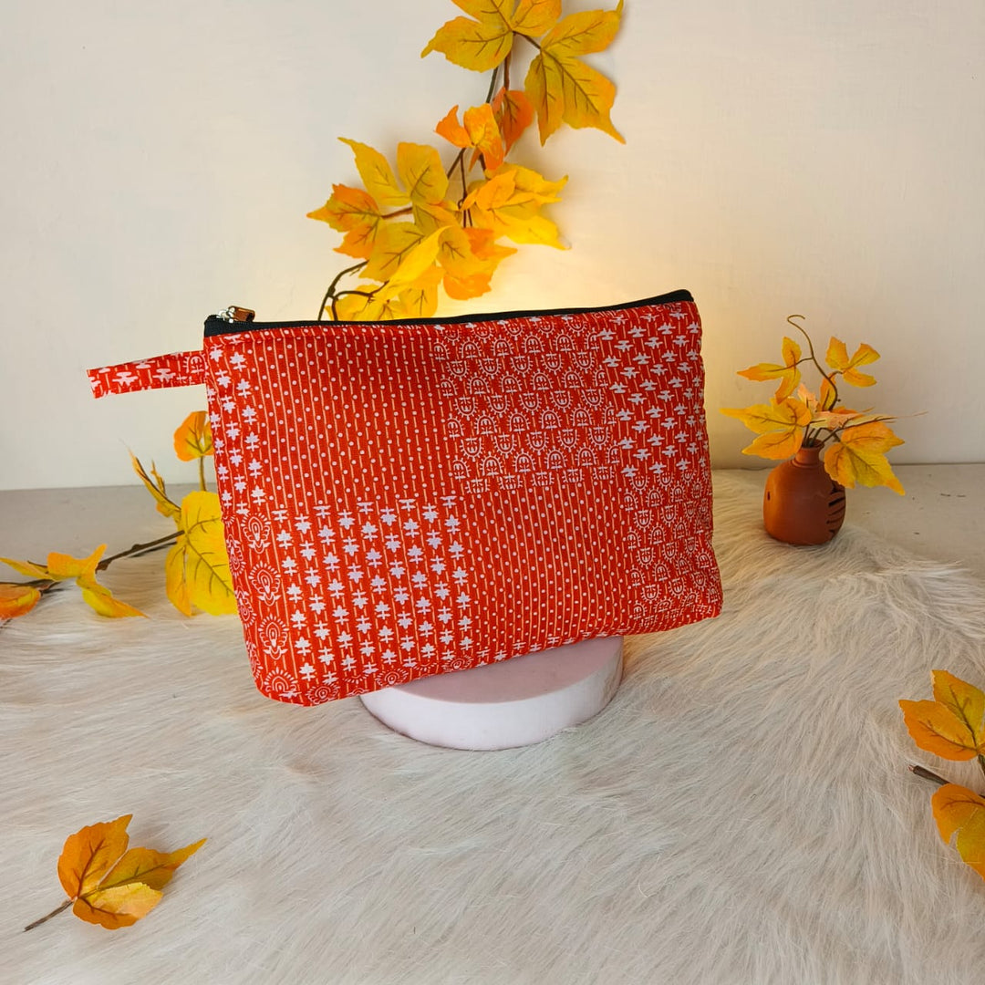 Jumbo Makeup pouch Orange Geometric Design.