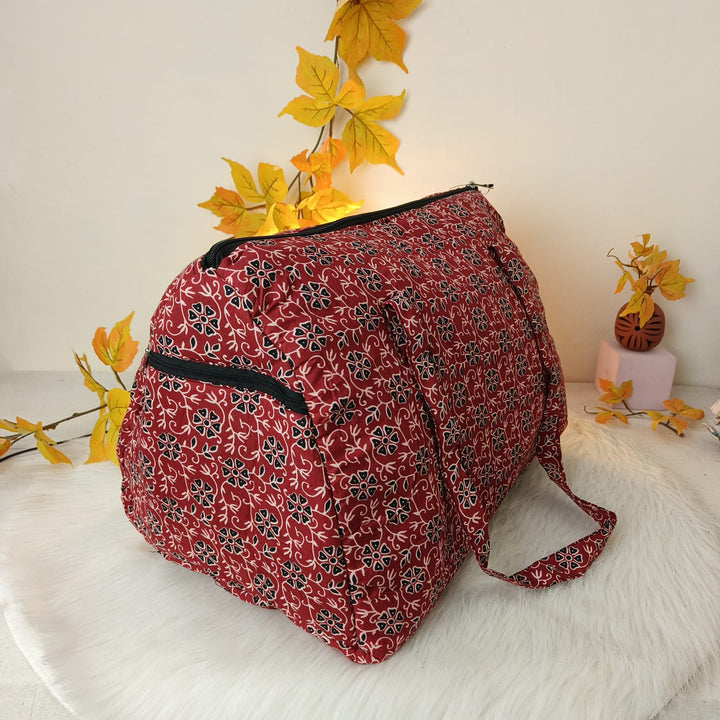 Weekender Travel Bag Red with Black Botanical Flower Design.