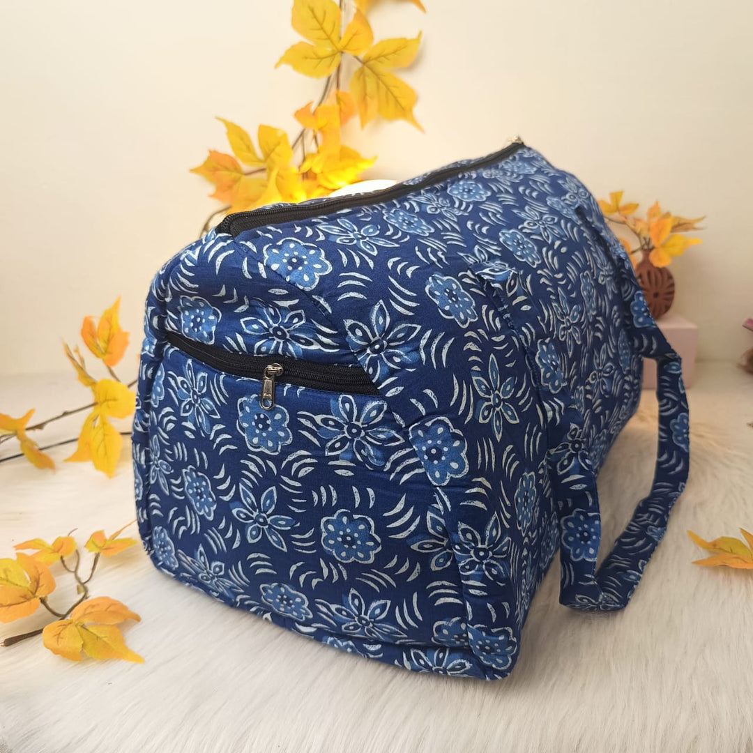 Weekender Travel Bag Blue with White Botanical Floral Design.