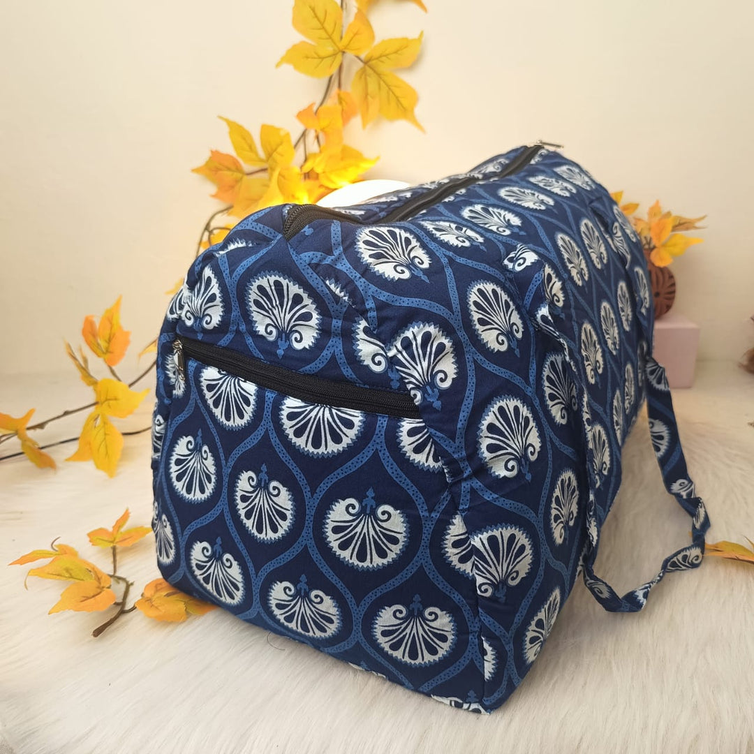 Weekender Travel Bag Blue with White Peacock Design.