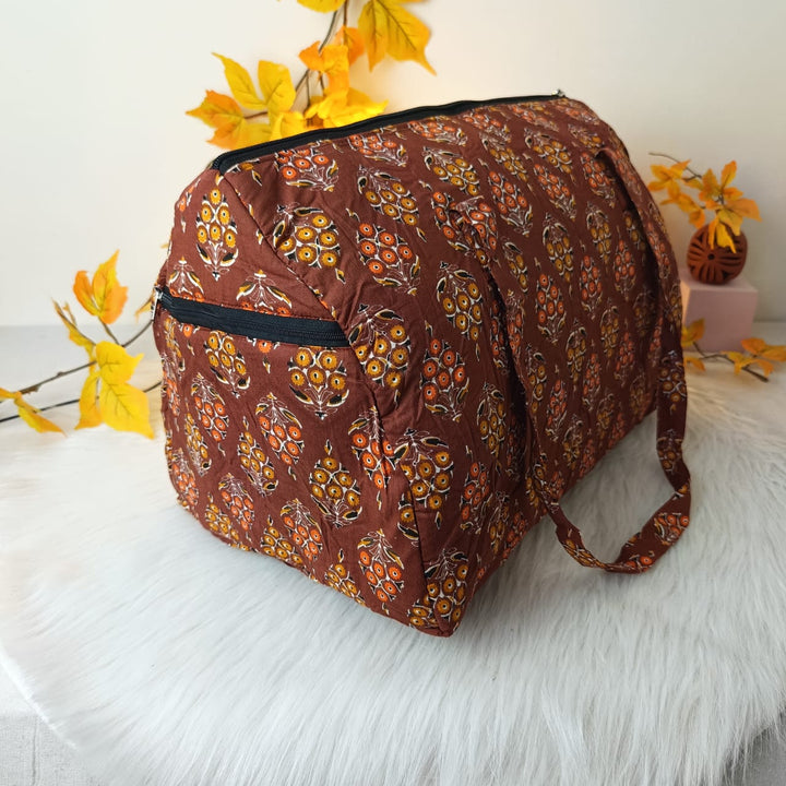 Weekender Travel Bag Dark Brown with Big Floral Design.