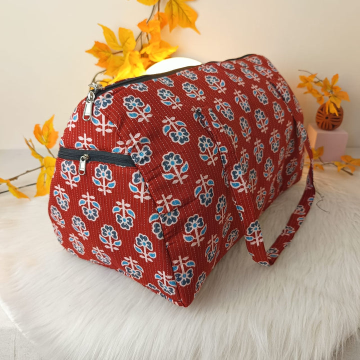 Weekender Travel Bag Red With Blue Big Flower Design.