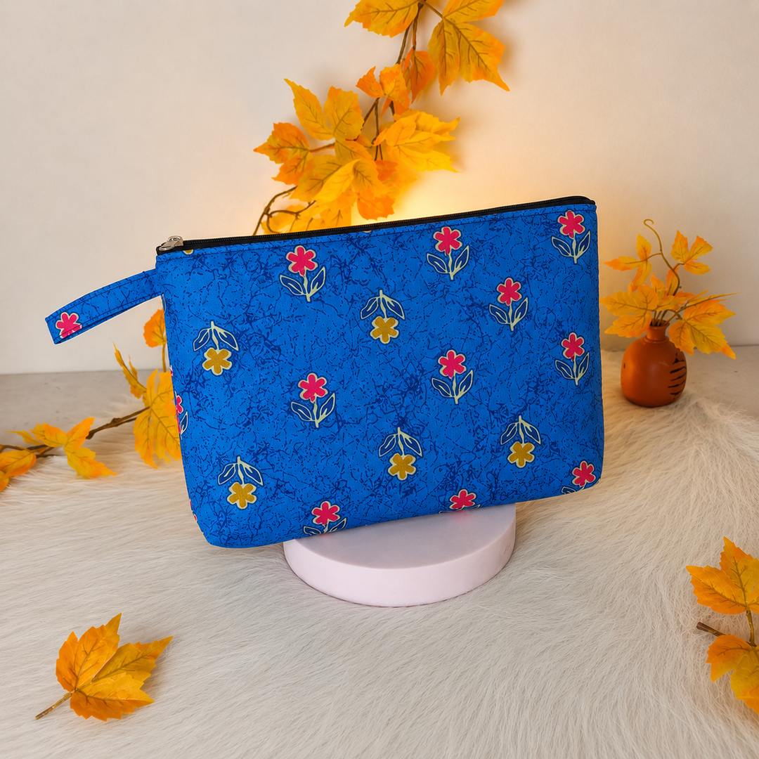 Jumbo Makeup pouch sky blue with flower design