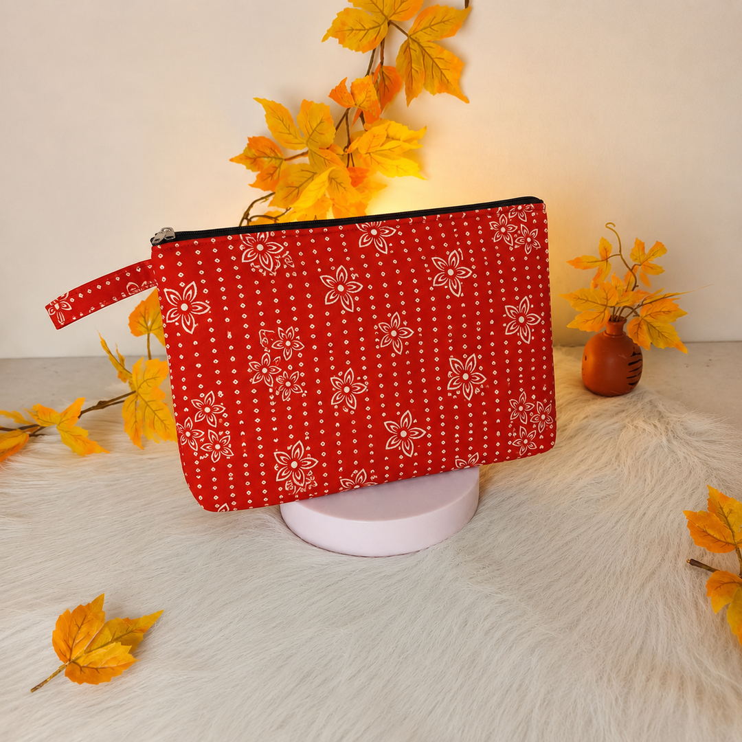 Jumbo Makeup pouch red with white flower design