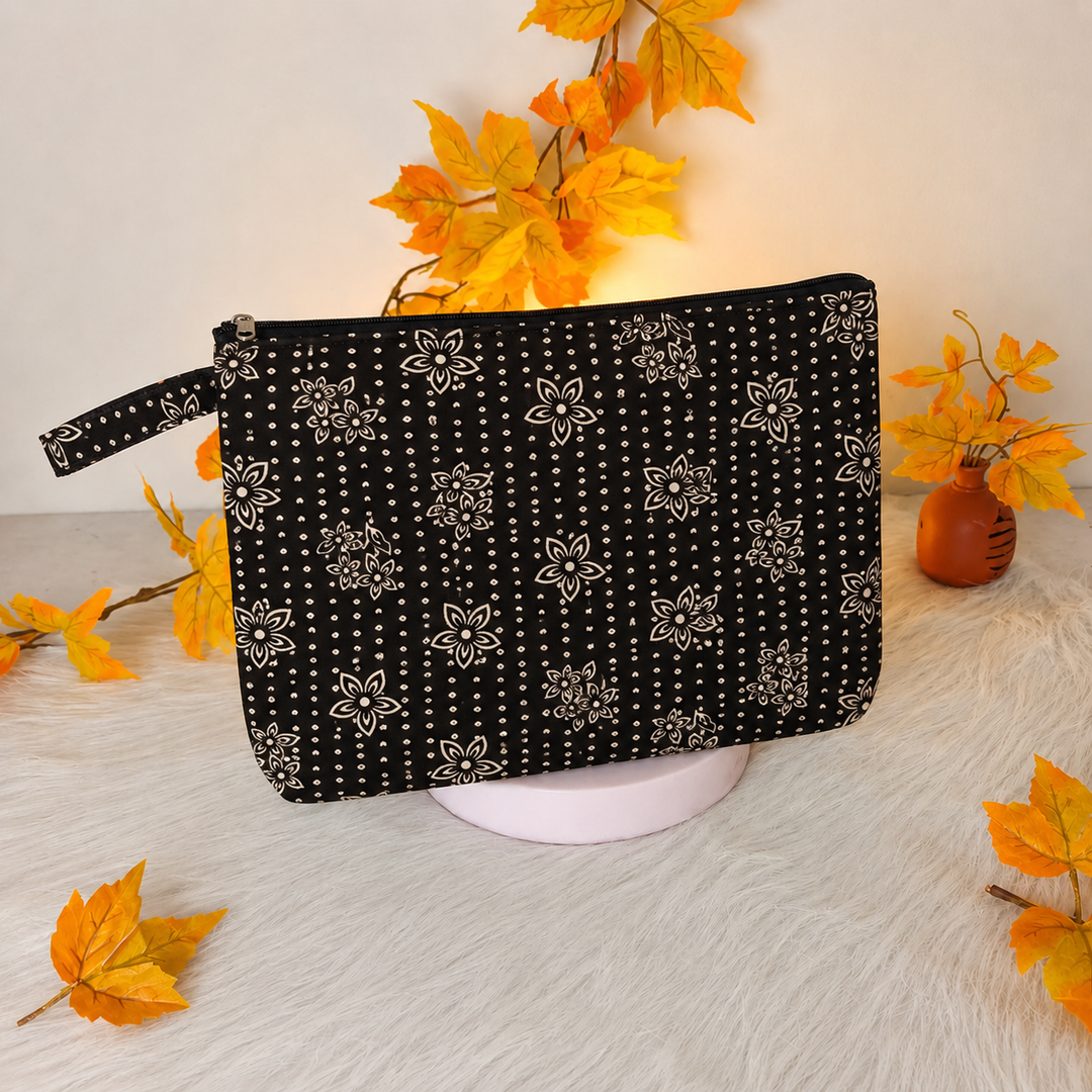 Jumbo Makeup pouch - black with white flower design