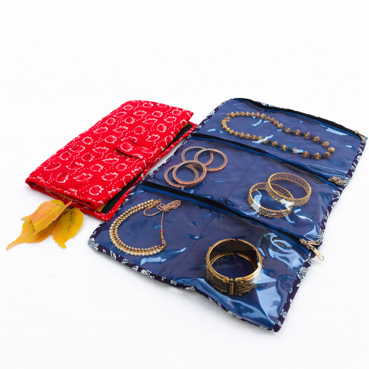 Jewel Pouch - (Necklace) Red with White Flower Leaf Print