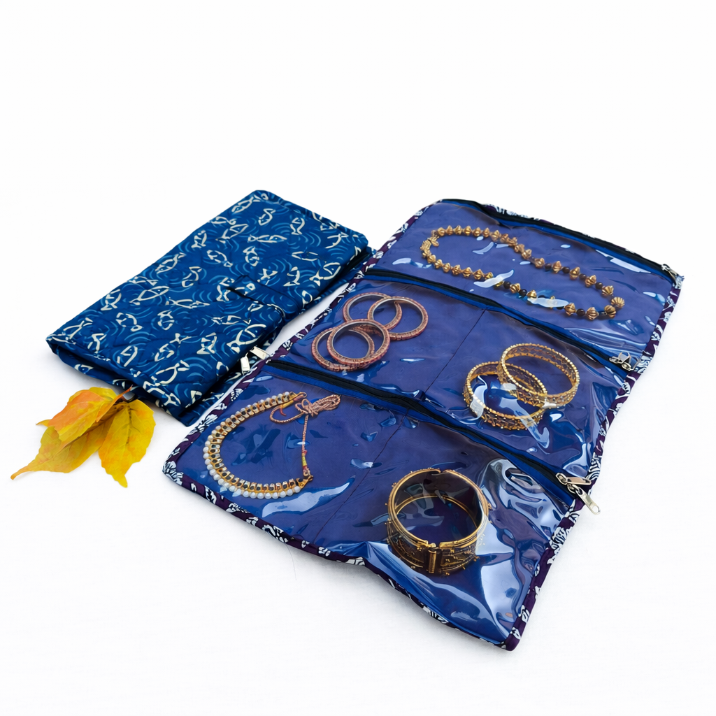 Jewel Pouch - (Necklace) Blue with Fish Print