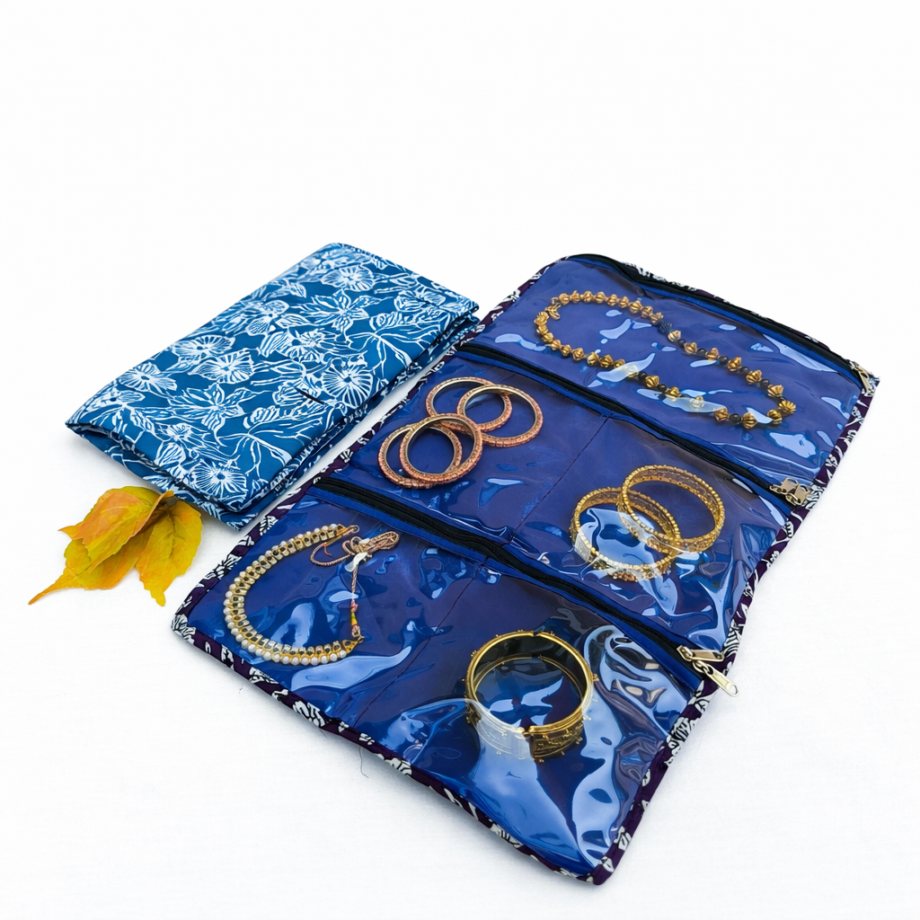 Jewel Pouch - (Necklace) Blue with White Flower Print