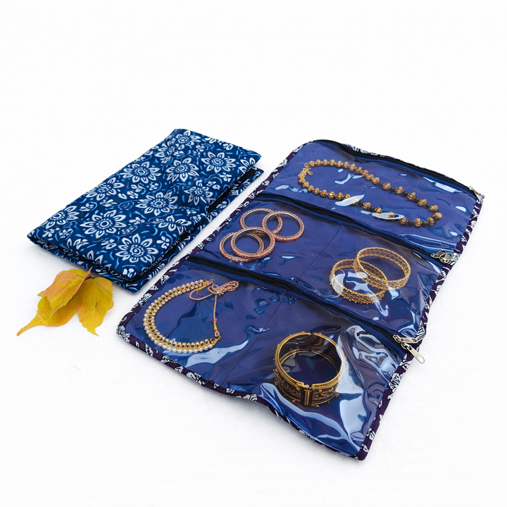 Jewel Pouch - (Necklace) Dark Blue with White Flower Print