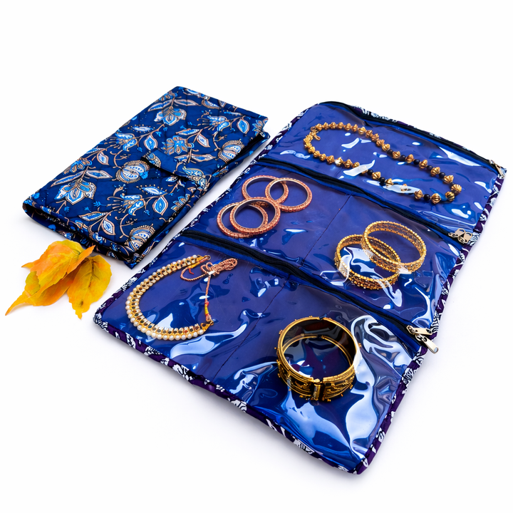 Jewel Pouch - (Necklace) Blue with Blue Flower Print