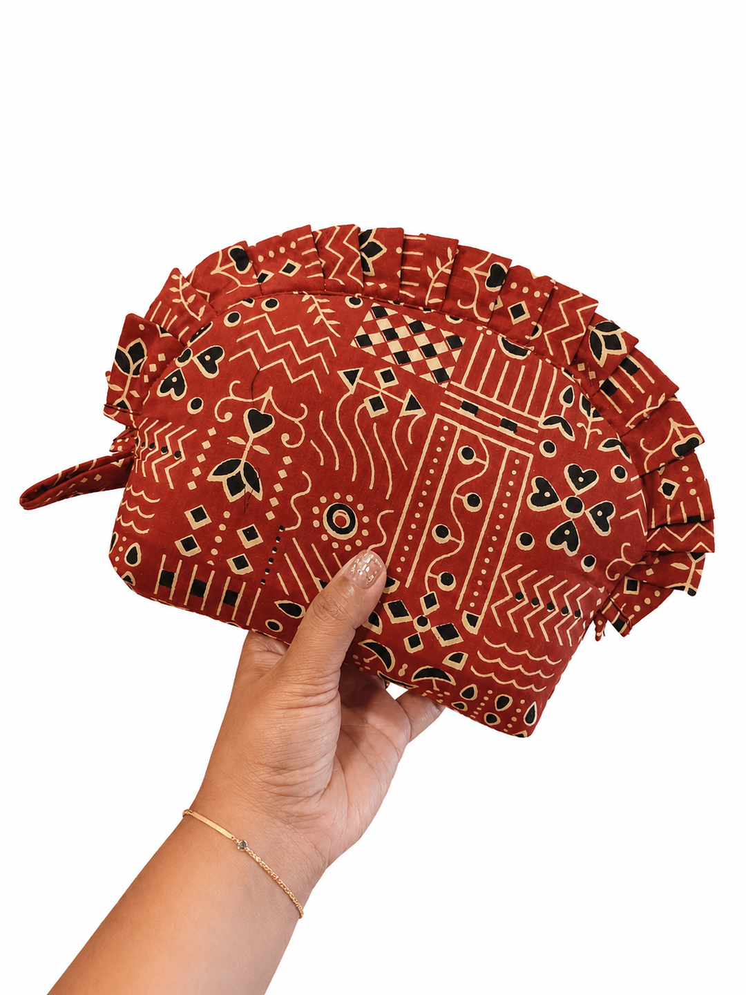 Frill Purse- brown with black dots kalamkari
