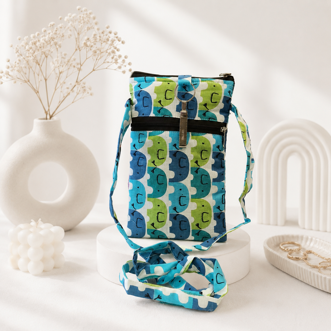 Mobile Sling green and blue animal print  (With Saree Clip)