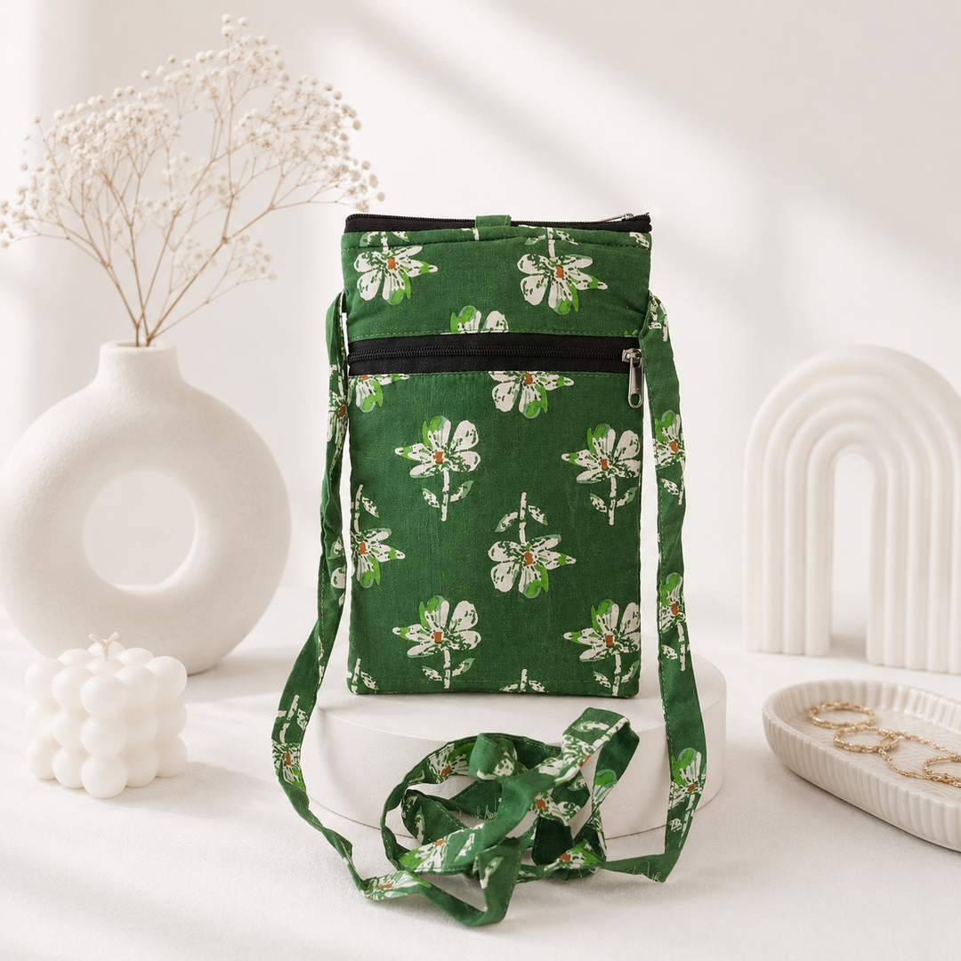 Mobile Sling green with white flowers (With Saree Clip)