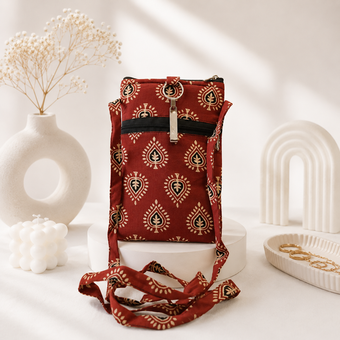 Mobile Sling maroon with big leaf print  (With Saree Clip)