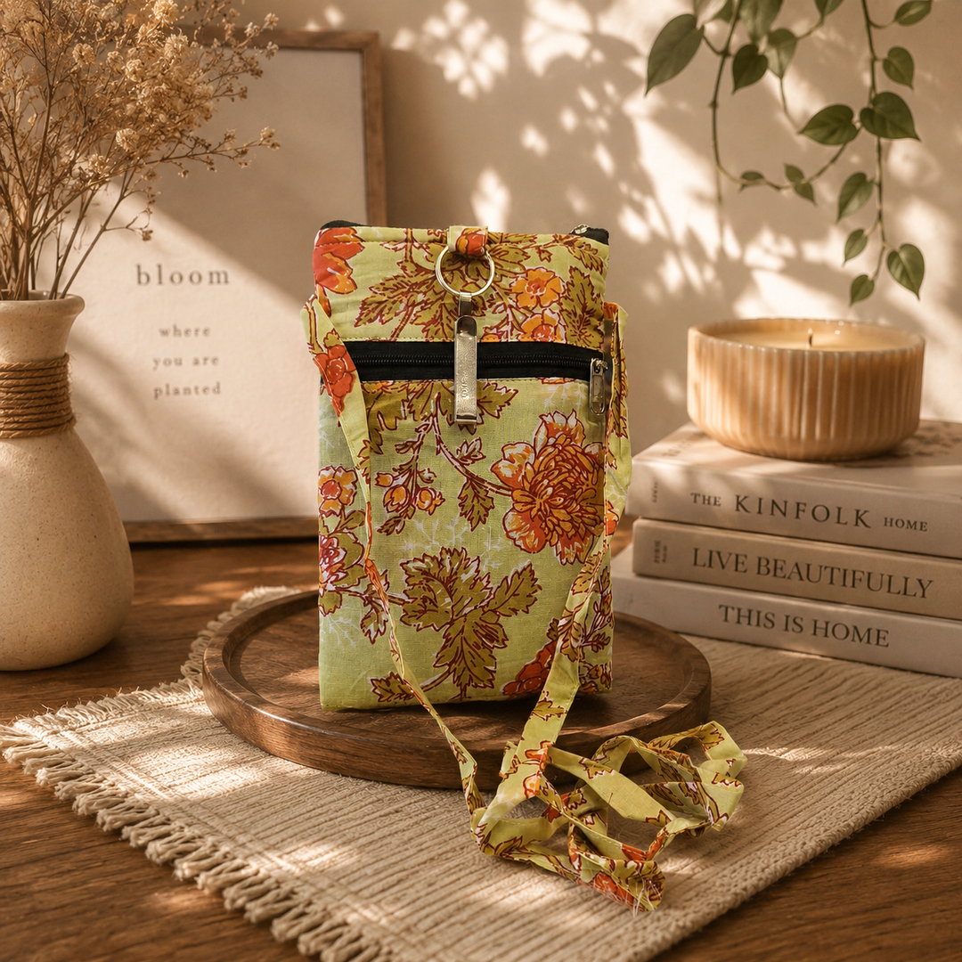 Mobile Sling - light green with flower (With Saree Clip)