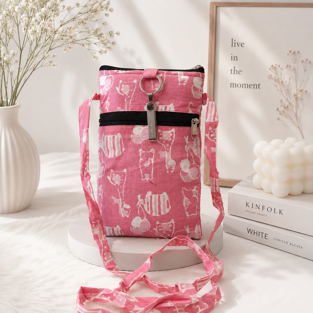 Mobile Sling -rose  with white animal print (With Saree Clip)