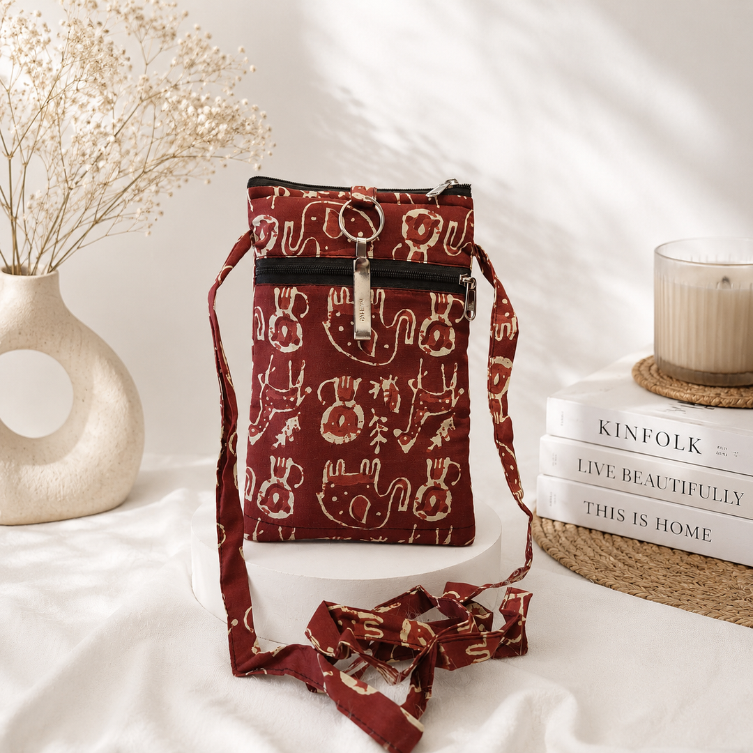 Mobile Sling -brown with white animal print (With Saree Clip)