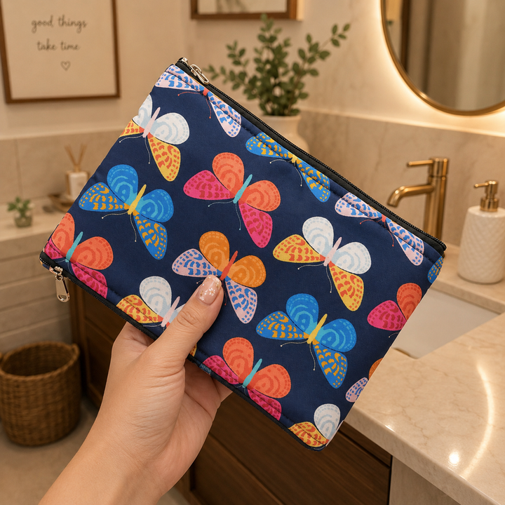Wet and Dry Toiletry pouch - Navy Blue Butterfly