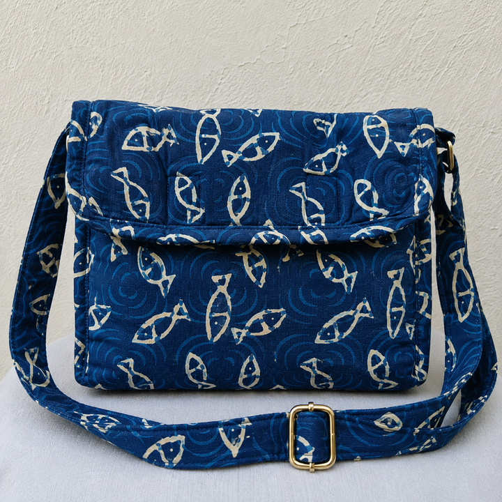 Multizipper Sling 4 Zips blue with fish print
