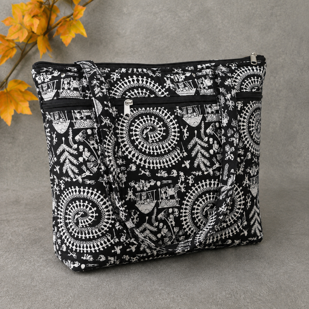 Medium Size Handbag Black Colour with Tribal Prints.