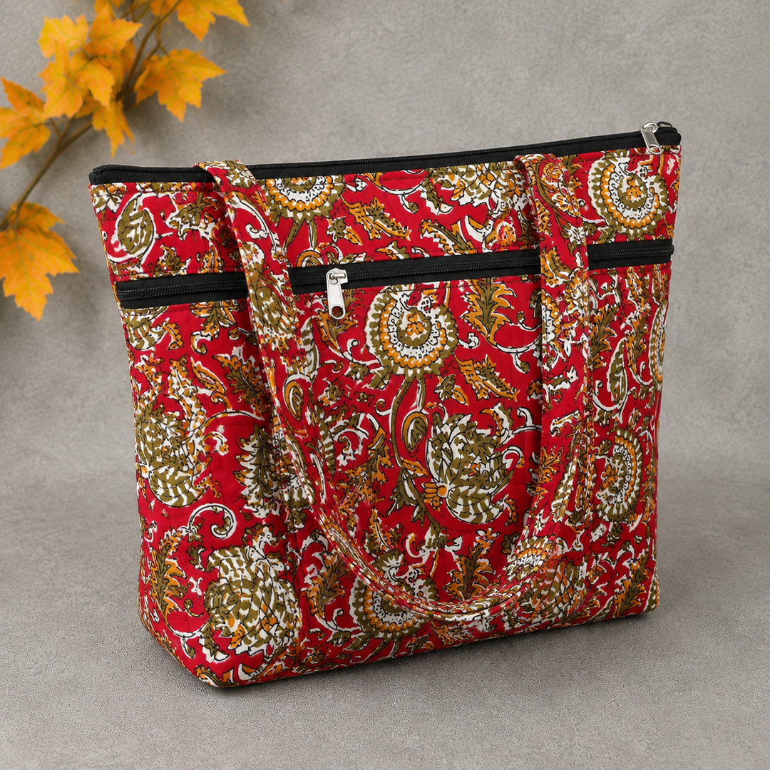Medium Size Handbag Maroon Colour with Mustered Flower Design.