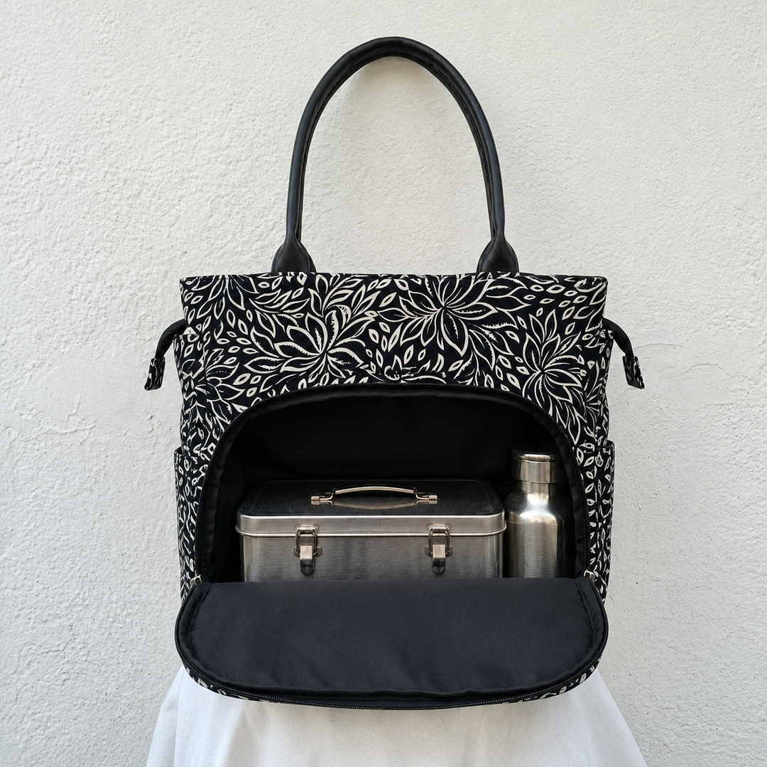 Versatile partition tote black with white lotus flower design