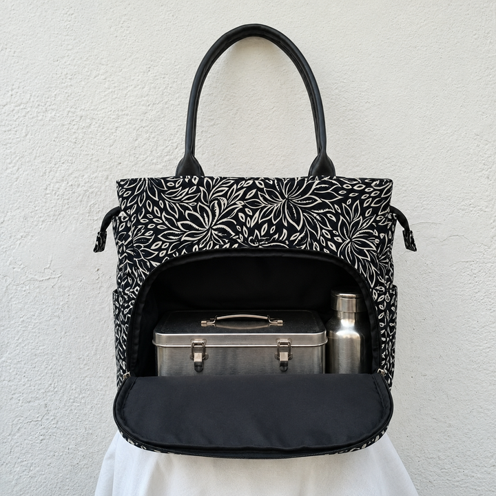Versatile partition tote black with white lotus flower design