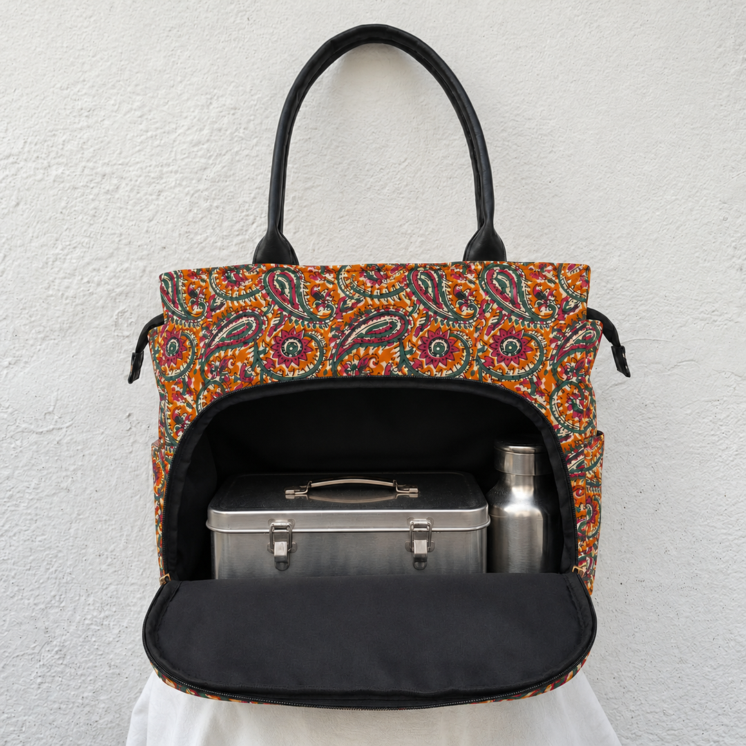 Versatile partition tote orange with mango design