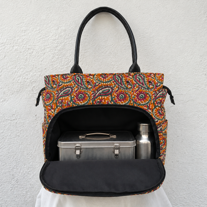 Versatile partition tote orange with mango design