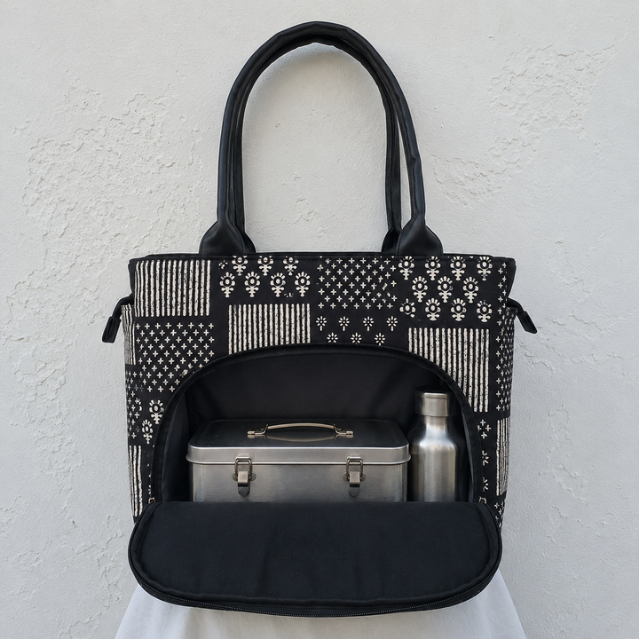 Versatile partition tote black with white lines print