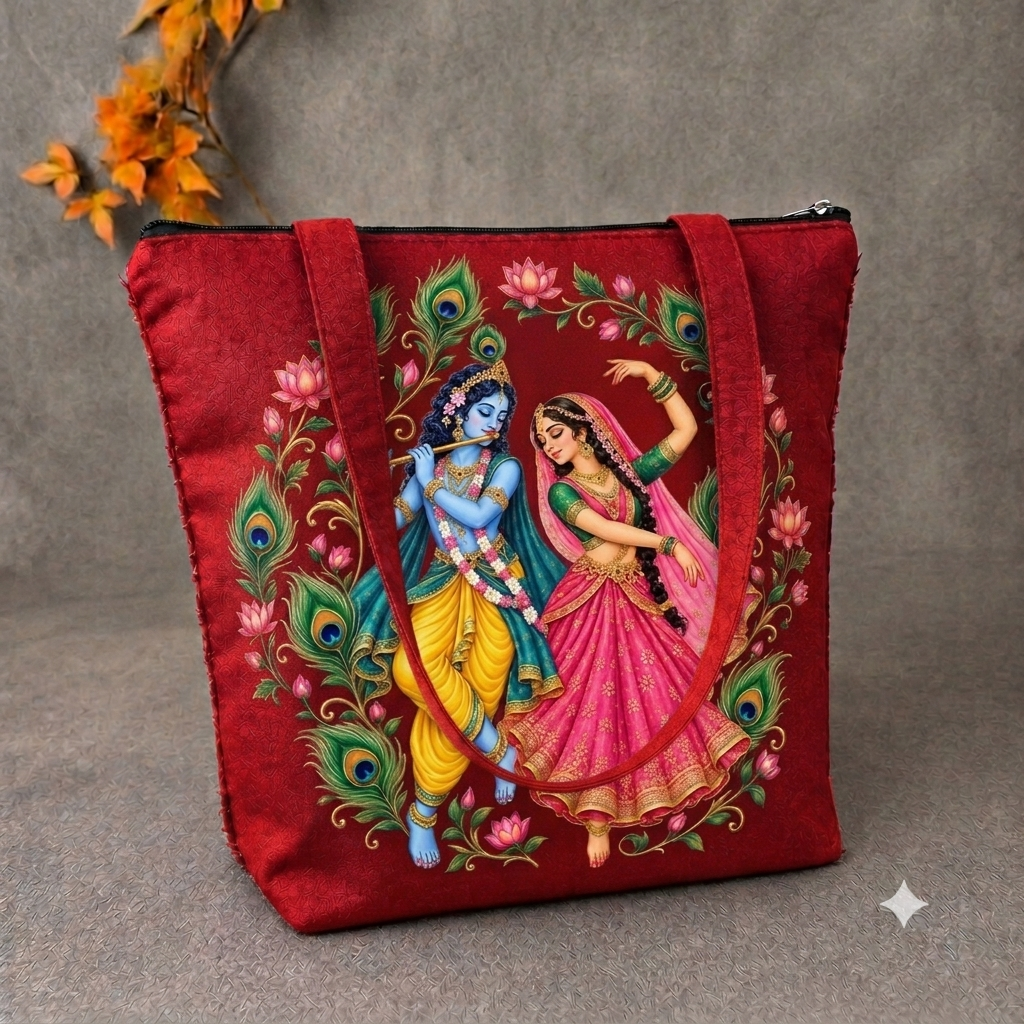 Pichwai Radhe krishna Tote - Red