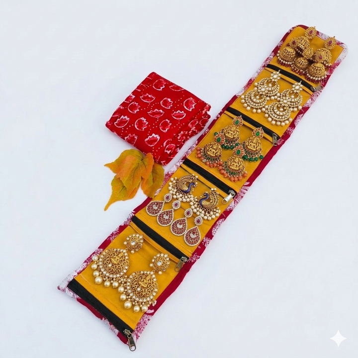 Jewel Pouch - (Earring) Red With White Flower Leaf Print