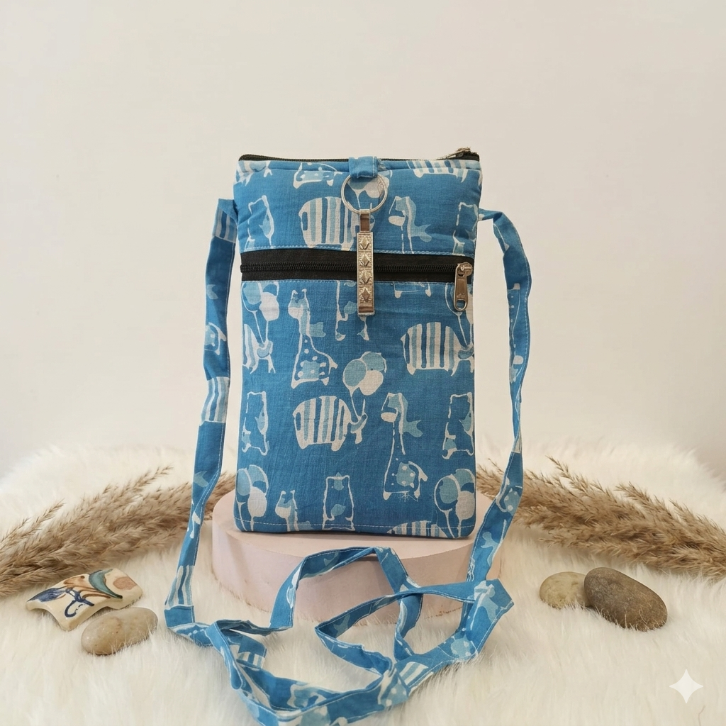 Mobile Sling sky blue with animal white print (With Saree Clip)