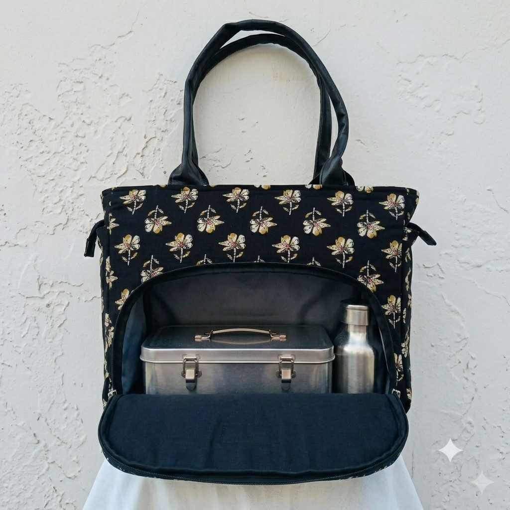 Versatile partition tote black with flower print