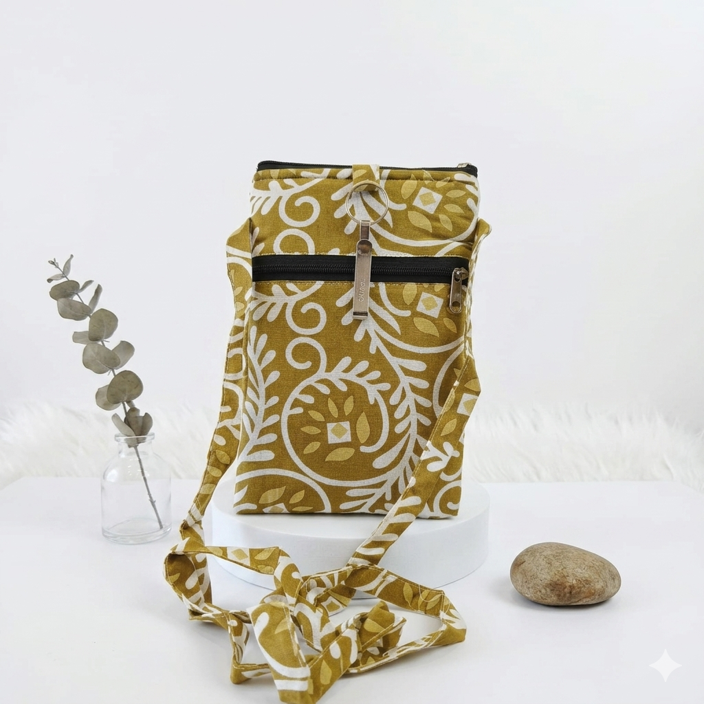 Mobile Sling - mustard colour with white design   (With Saree Clip)
