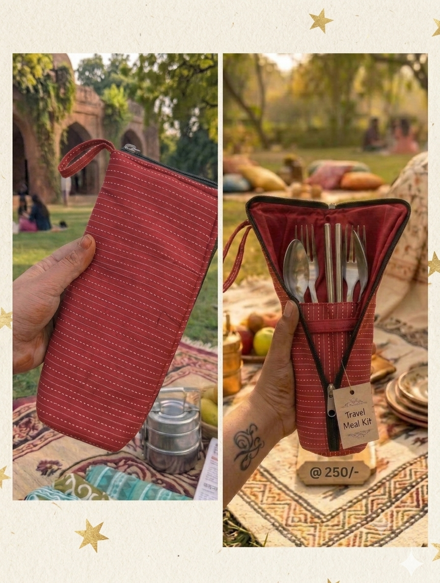 Travel Meal Kit - Maroon with dot lines
