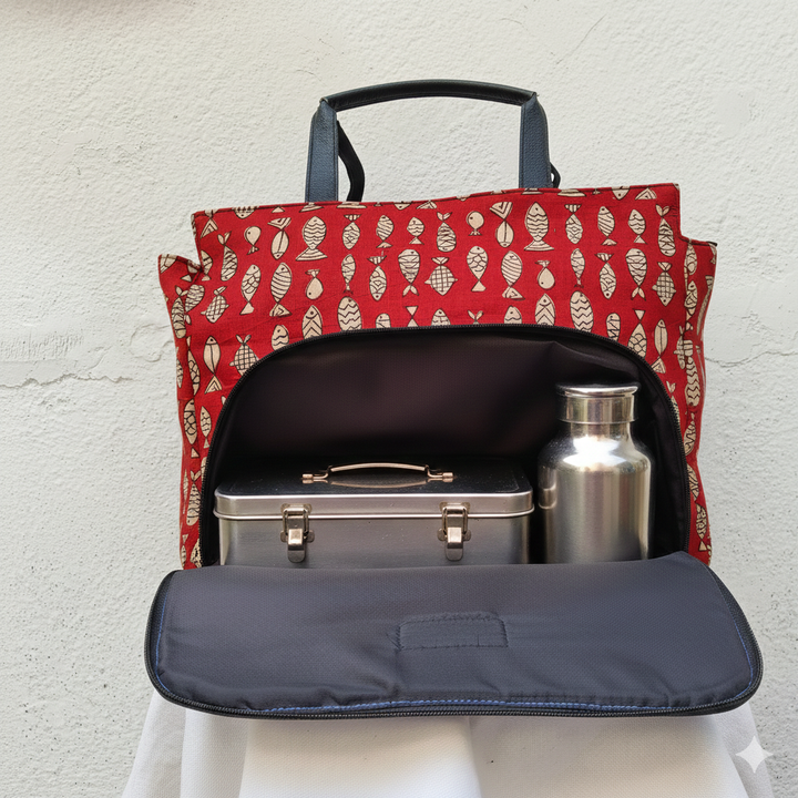 Versatile partition tote red with fish design