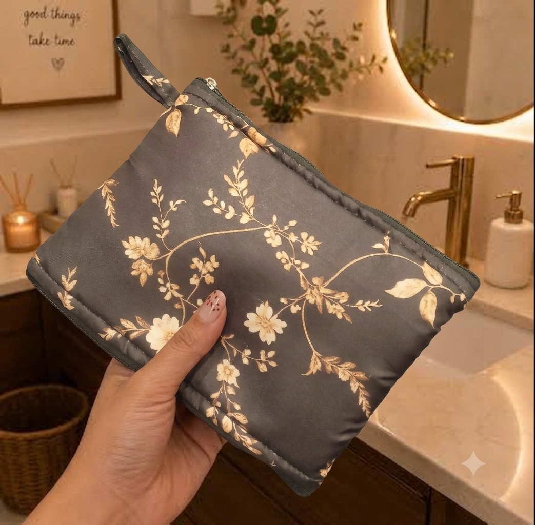 Wet and Dry Toiletry pouch - black and gold floral print