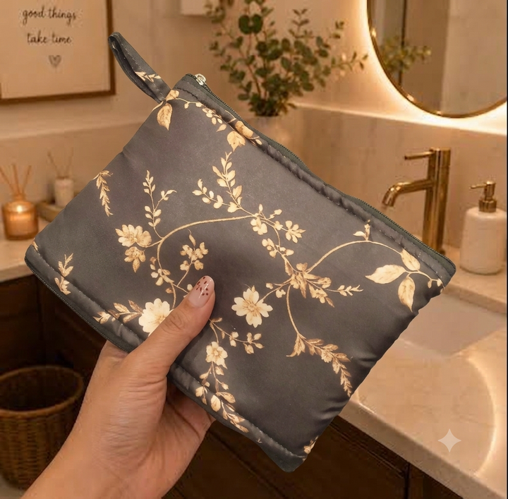 Wet and Dry Toiletry pouch - black and gold floral print