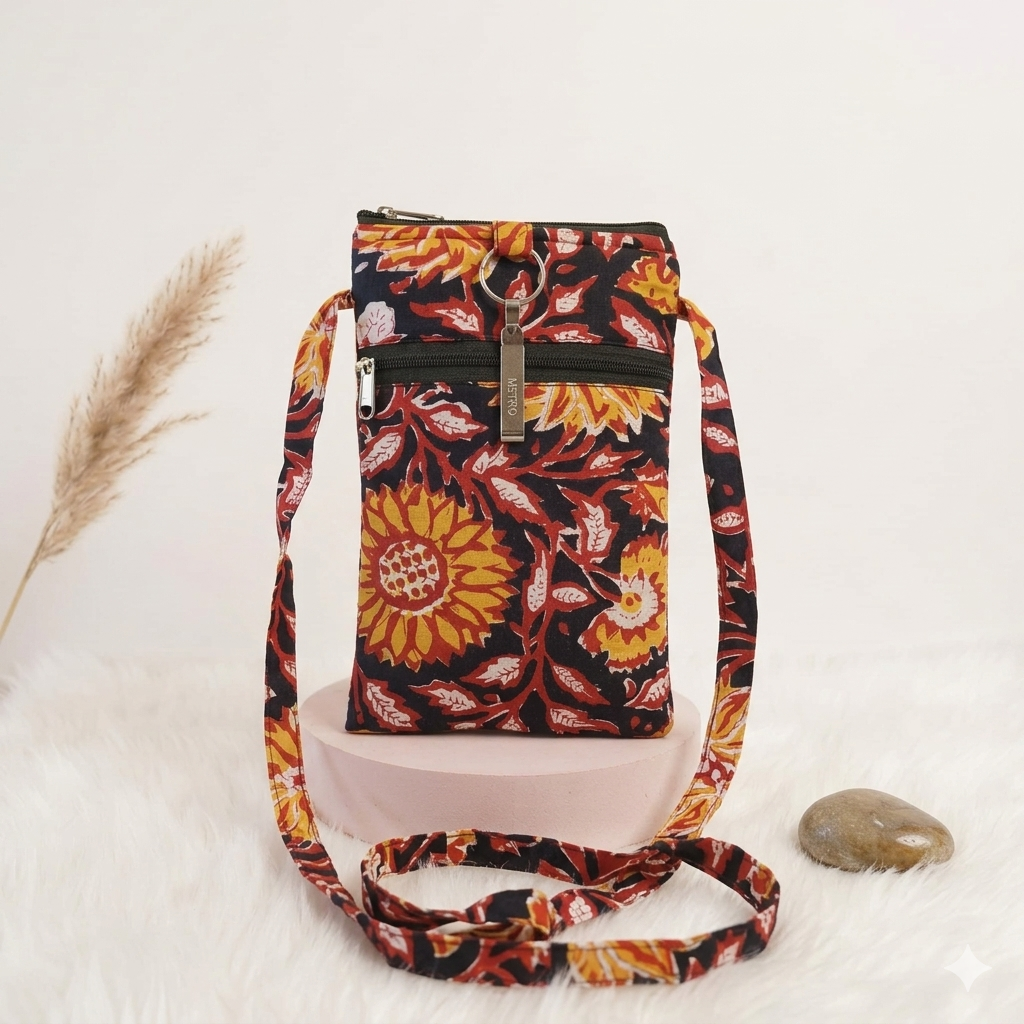 Mobile Sling black with sun flower (With Saree Clip)