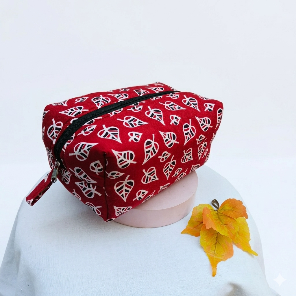 Vanity Pouch Maroon With Leaf Design