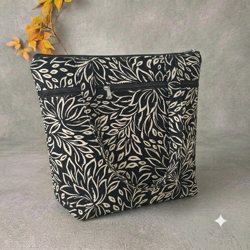 Medium Size Handbag black with white flower