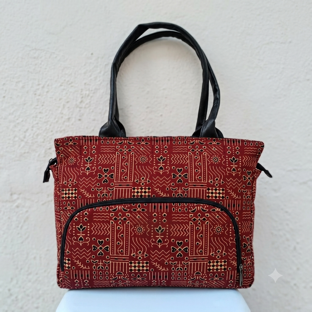 Versatile partition tote maroon with rangoli design