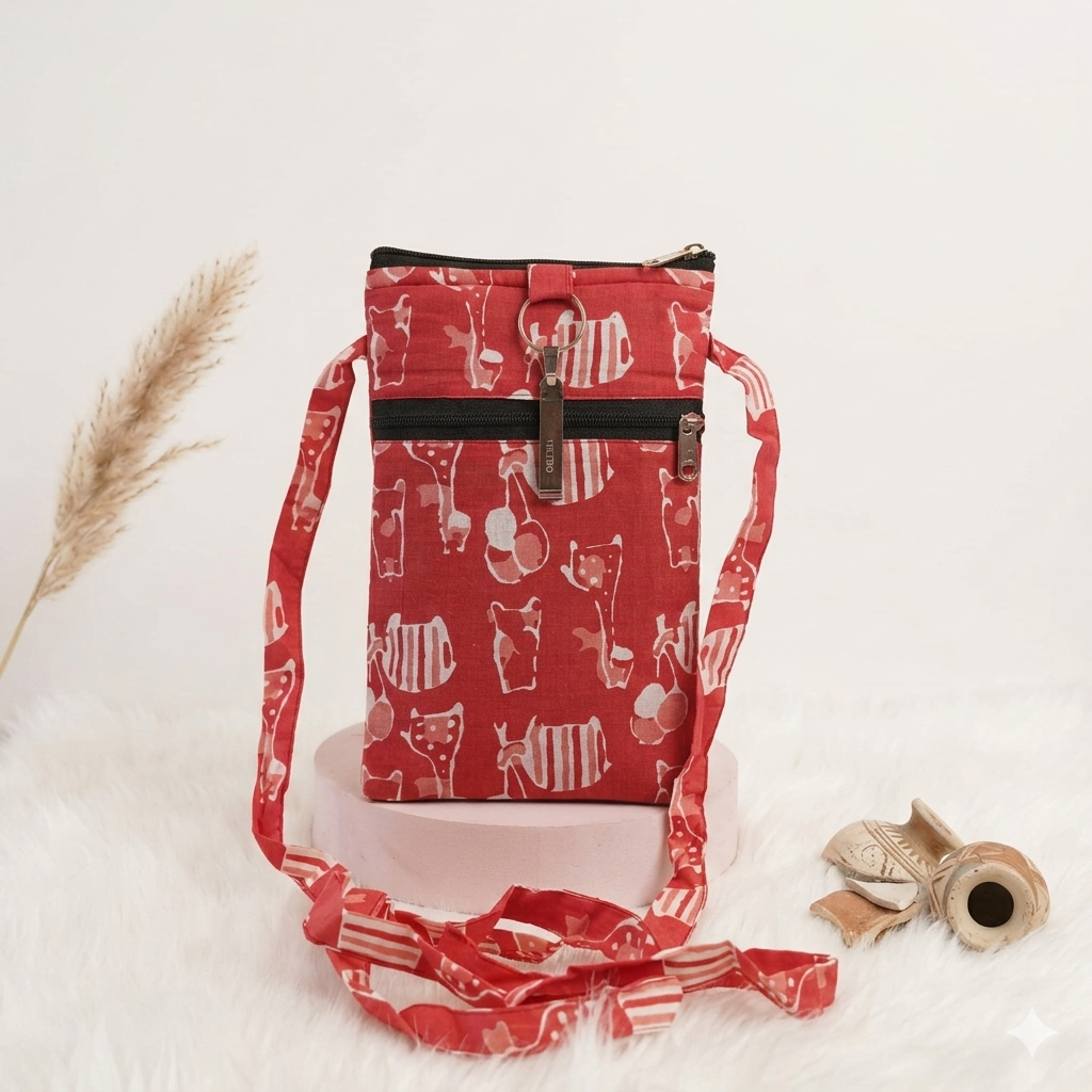 Mobile Sling coral colour with white animal print (With Saree Clip)