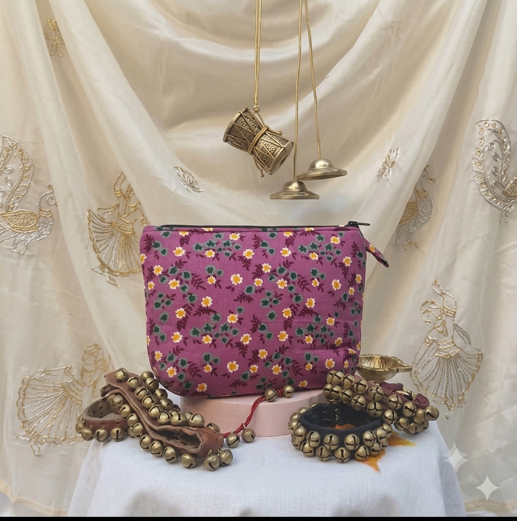Ghunghroo pouch - purple with flower print