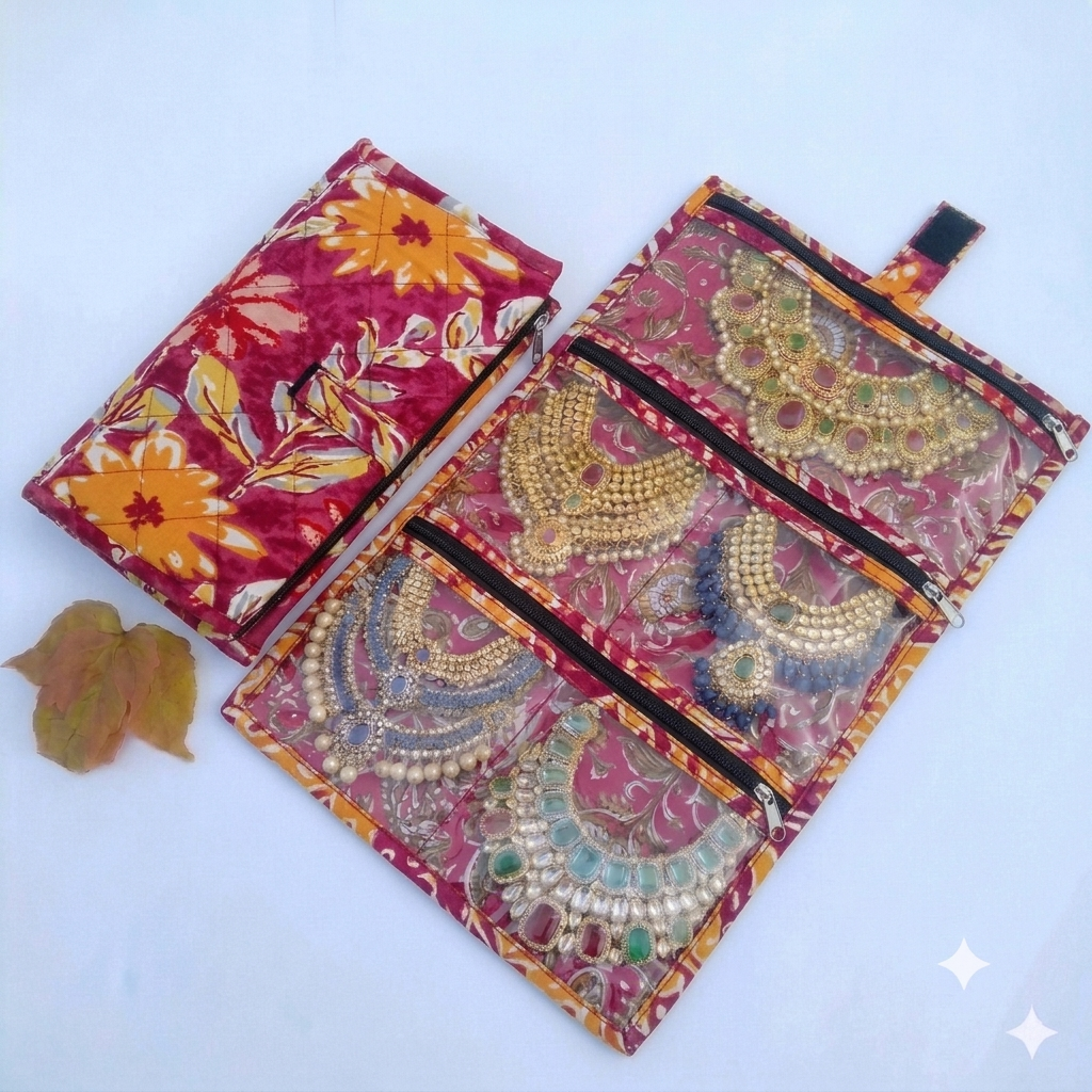 Jewel Pouch - (Necklace) maroon and mustard floral print