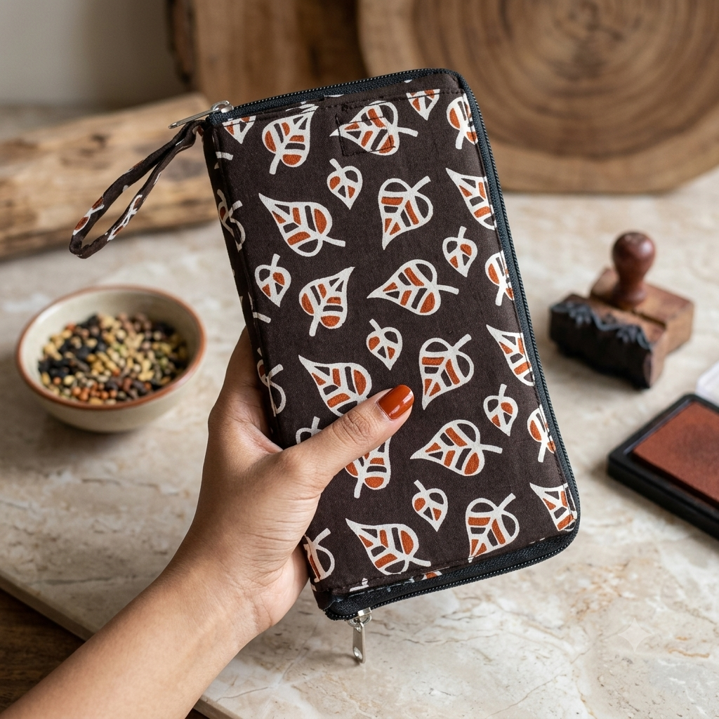 SMART WALLET BIG -Black Botanical Autumn Leaf print